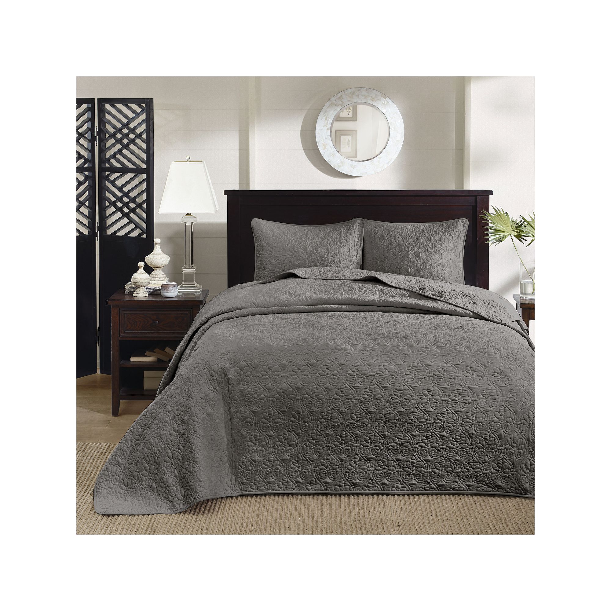 Madison Park Mansfield Reversible Antimicrobial Bedspread Set, Dark Gray