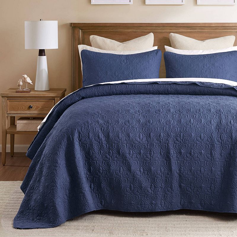 3pc Queen Vancouver Reversible Bedspread Set Navy - Madison Park: Microfiber, Lightweight, Plain Weave