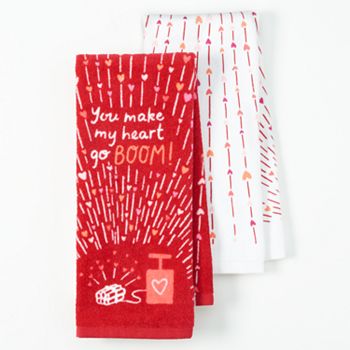 Celebrate Valentine Cotton Kitchen Towels TWO Sets of 2 Love Be Mine You Make My Heart Go Boom! 
