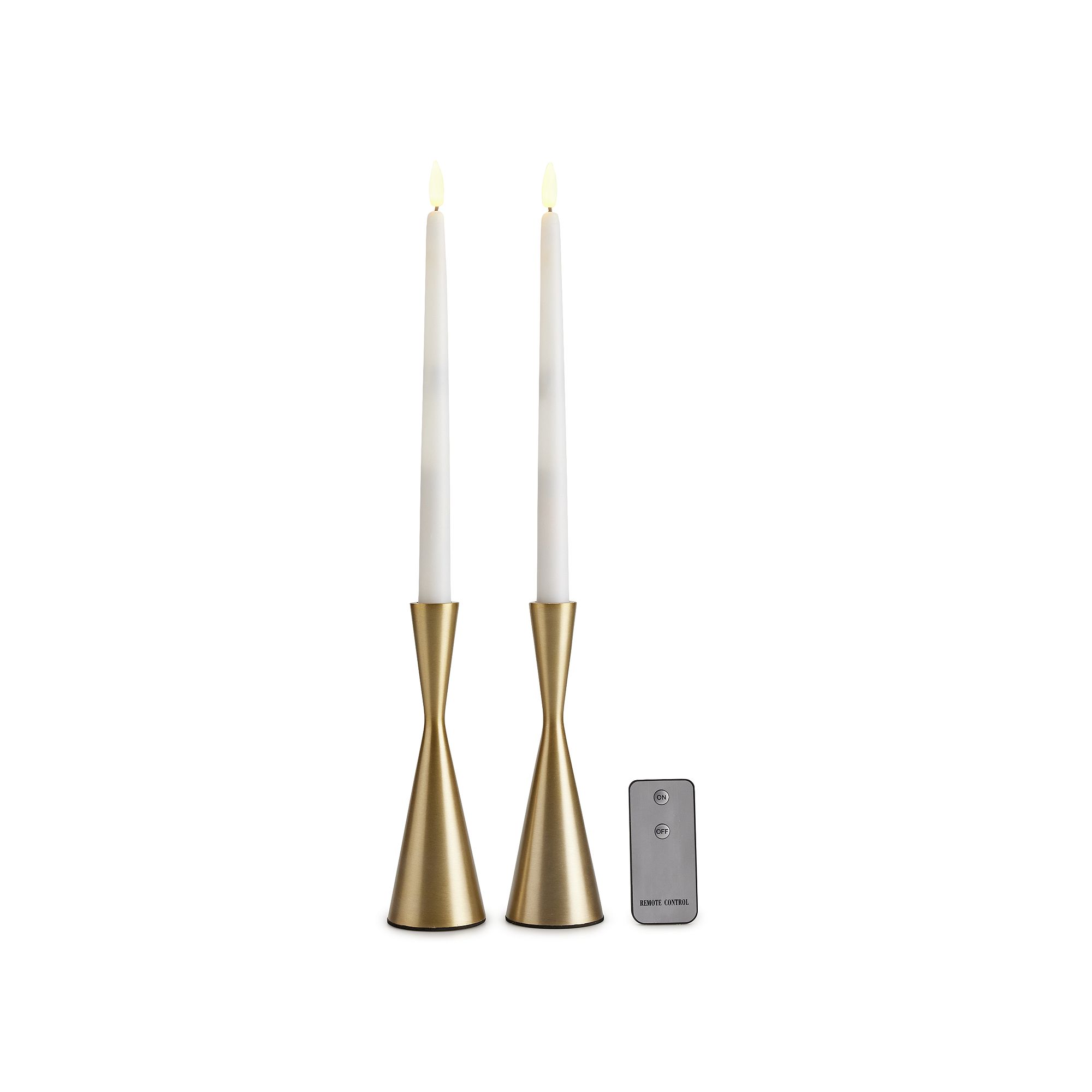 LumaBase 2-piece 3D Wick Flame LED Taper Candle Set with Gold Holders, Clrs