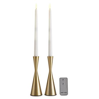 LumaBase 2 pc 3D Wick Flame LED Taper Candle Set with Gold Holders