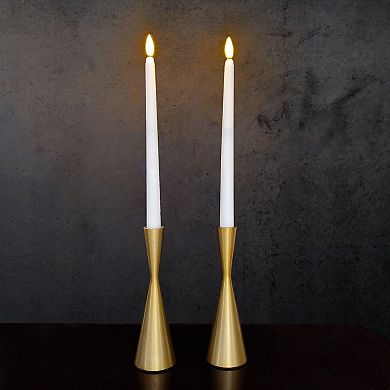 LumaBase 2-piece 3D Wick Flame LED Taper Candle Set with Gold Holders