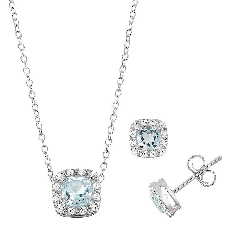 Sterling Silver Blue Topaz & Cubic Zirconia Halo Jewelry Set, Womens