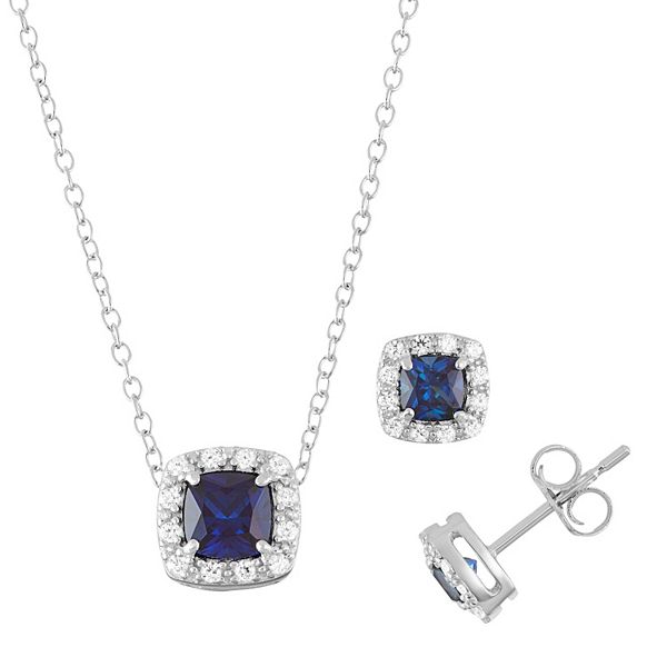 Sterling Silver Lab-Created Sapphire & Cubic Zirconia Halo Jewelry Set