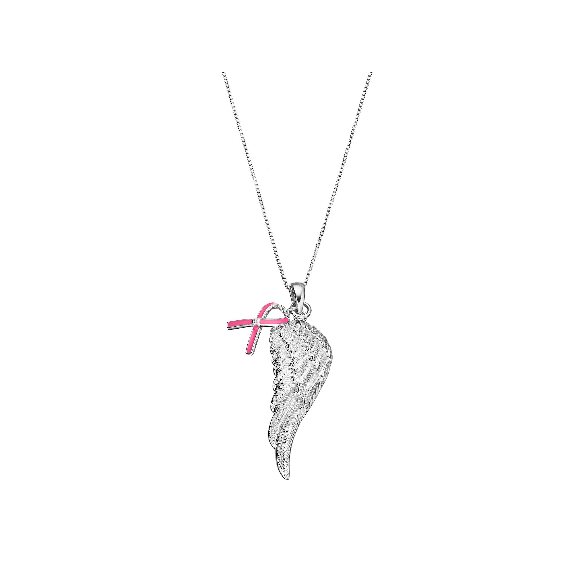 Gemminded Sterling Silver Diamond Accent Pink Ribbon Charm & Angel Wing Pe