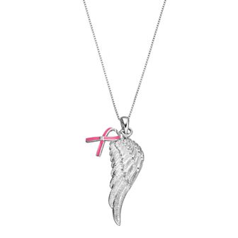Gemminded Sterling Silver Diamond Accent Pink Ribbon Charm & Angel Wing Pendant