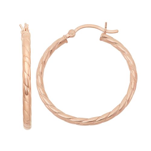 14k Rose Gold Over Silver Textured Rope Hoop Earrings