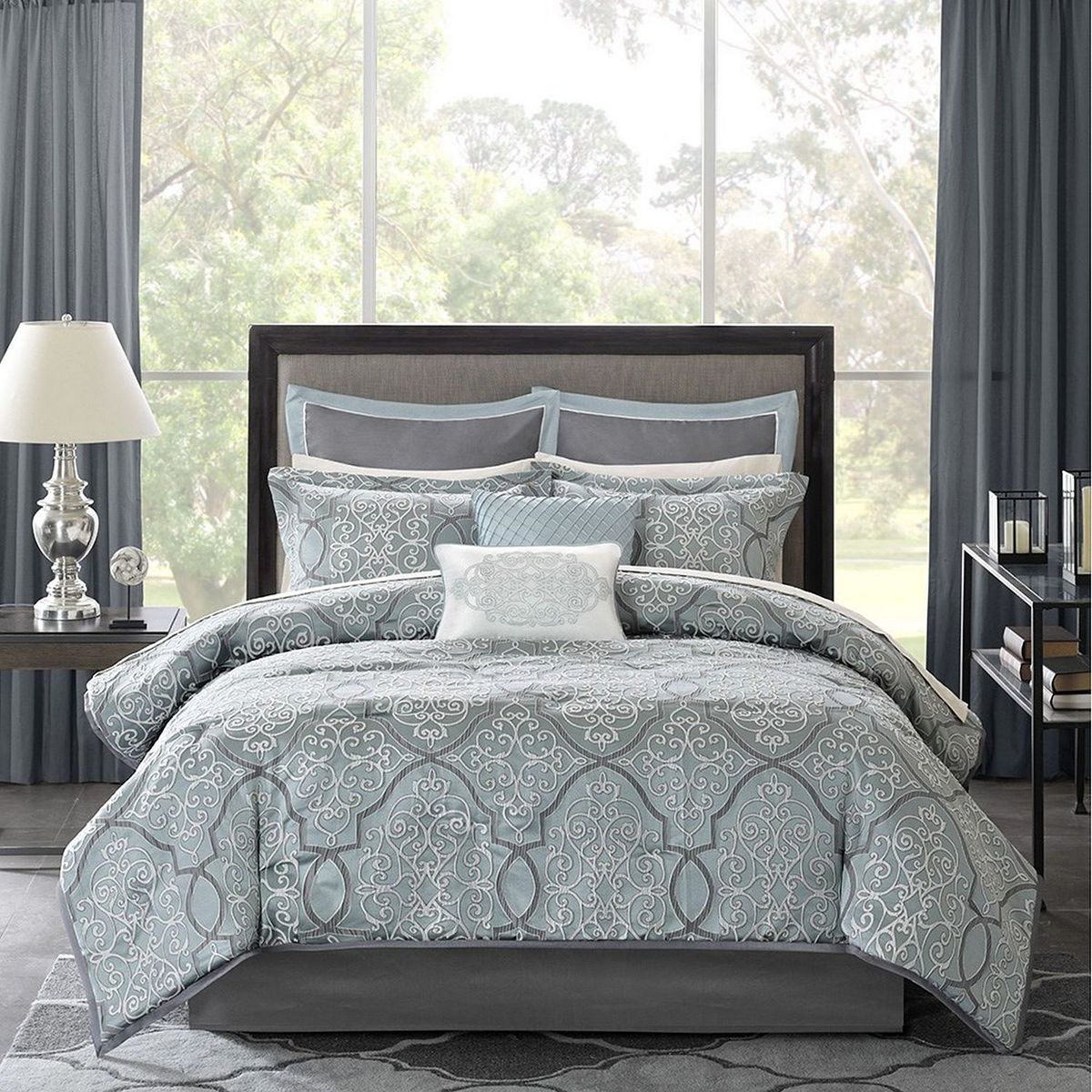 Madison Park Anouk 12-piece Jacquard Comforter Set with Cotton Bed Sheet Set - Blue, QUEEN
