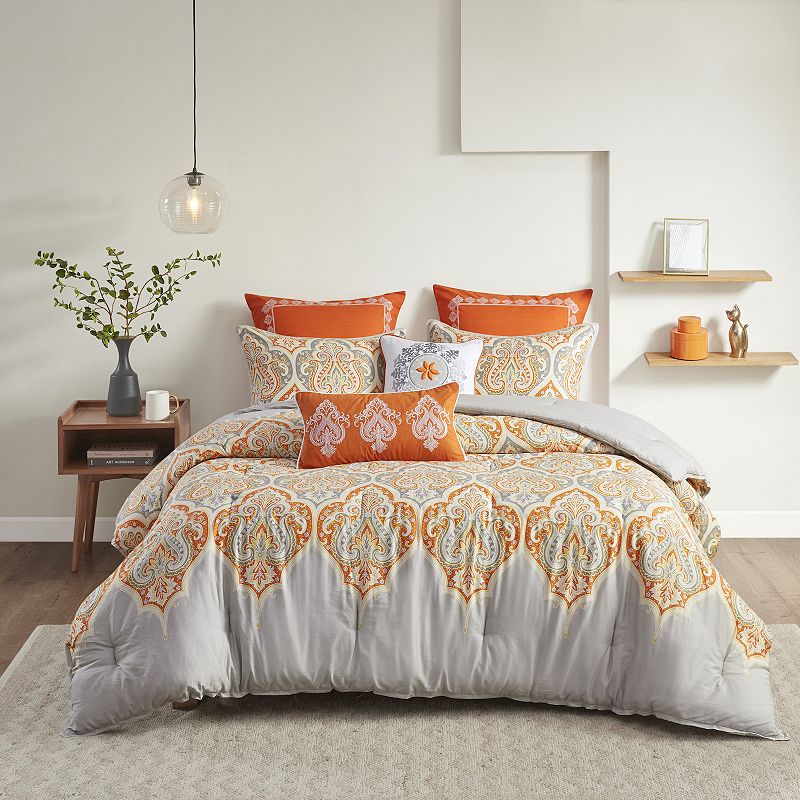 Madison Park Leah Paisley Comforter Set with Throw Pillows, Orange, Full/Qu