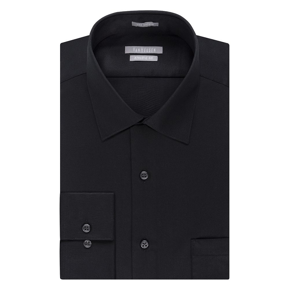 Men's Van Heusen Fitted Athletic Solid Lux Sateen No Iron Spread Collar Dress  Shirt