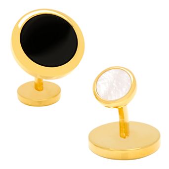 Double-Sided Gold Tone Onyx Round Beveled Cuff Links