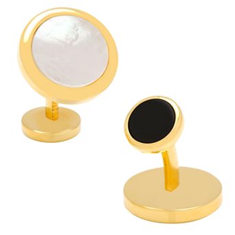 Double-Sided Gold Tone Mother of Pearl Round Beveled Cuff Links
