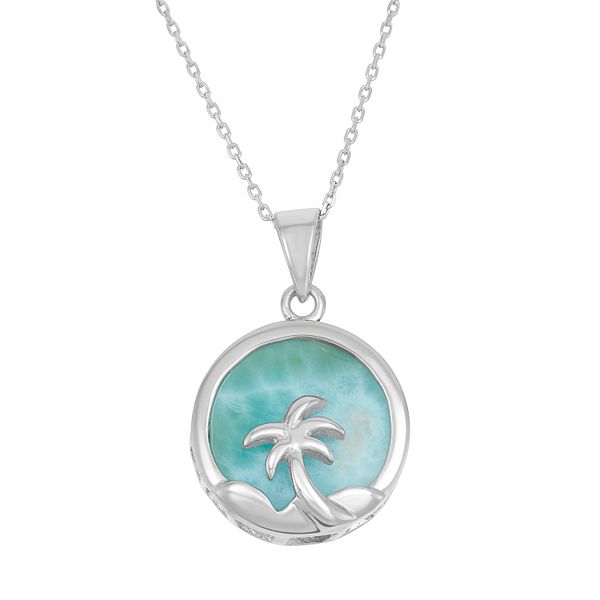 Larimar Sterling Silver Palm Tree Disc Pendant Necklace