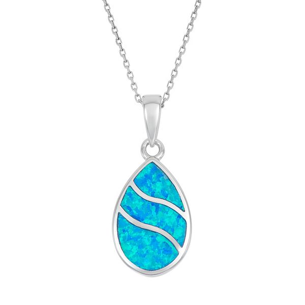 LabCreated Blue Opal Sterling Silver Teardrop Pendant Necklace