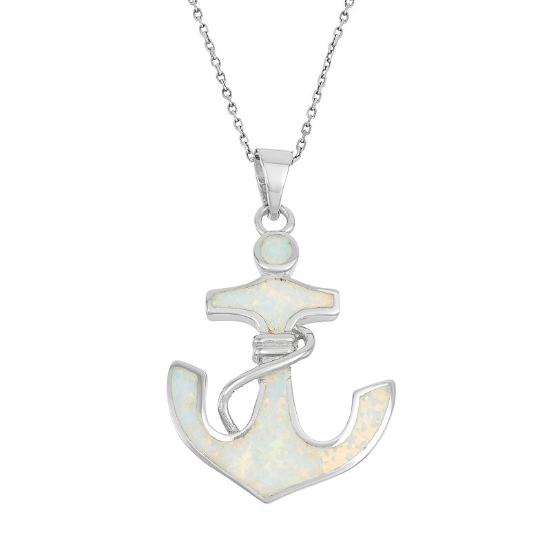 Lab-Created Opal & Cubic Zirconia Sterling Silver Anchor Pendant Necklace,