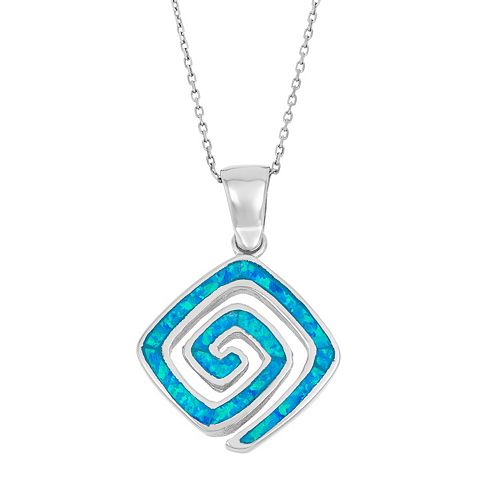 LabCreated Blue Opal Sterling Silver Greek Key Pendant Necklace