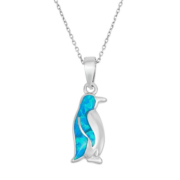 Lab-Created Blue Opal Sterling Silver Penguin Pendant Necklace