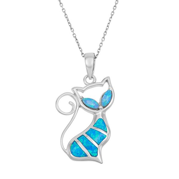 Lab Created Blue Opal Sterling Silver Cat Pendant Necklace Women s Size 18