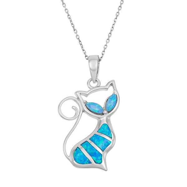 Sterling Silver Created Blue Inlay Opal Flower Pendant