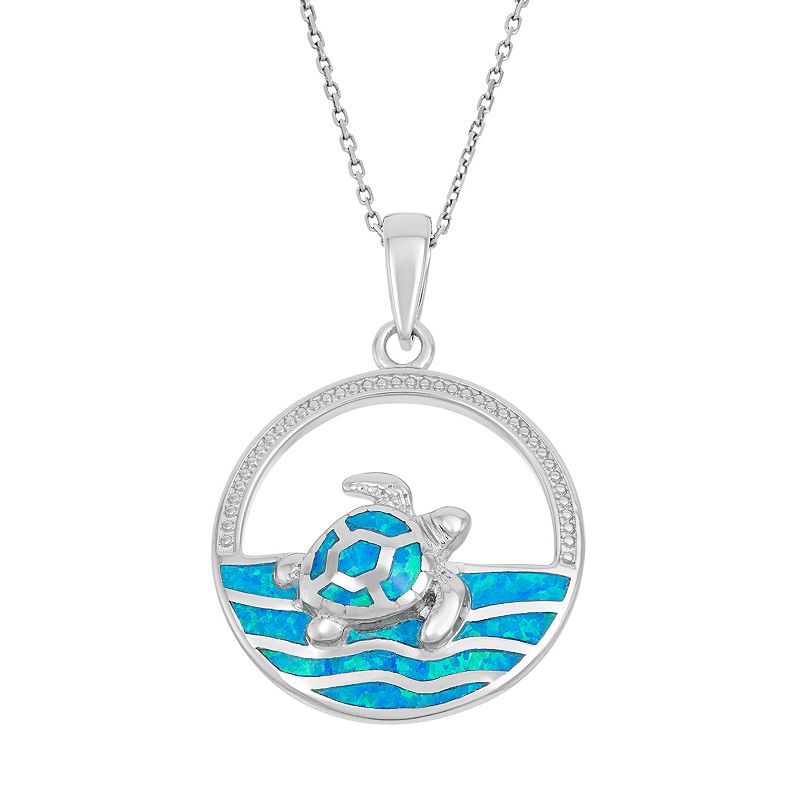 Lab-Created Blue Opal Sterling Silver Turtle & Sea Pendant Necklace, Women