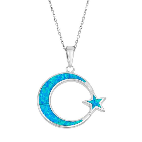 925 Sterling Silver Rhodium-plated Imitation Opal Celestial Moon & Star Necklace 19 Length