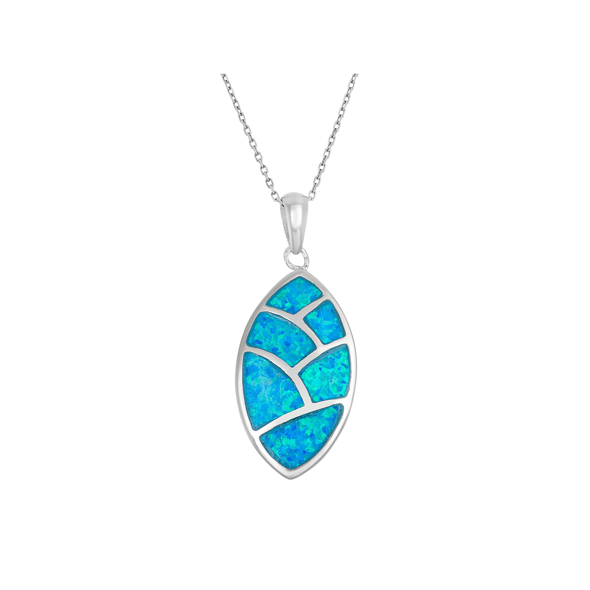 Lab-Created Blue Opal Sterling Silver Mosaic Marquise Pendant Necklace, Wo