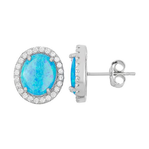 Lab-Created Blue Opal & Cubic Zirconia Sterling Silver Oval Halo Stud ...