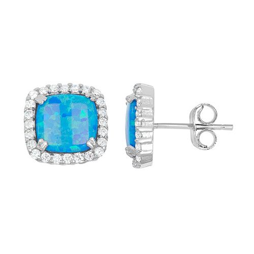 LabCreated Blue Opal & Cubic Zirconia Sterling Silver Square Halo Stud