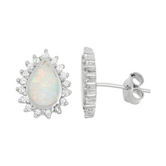 Lab-Created Opal & Cubic Zirconia Sterling Silver Teardrop Halo Stud Earrings