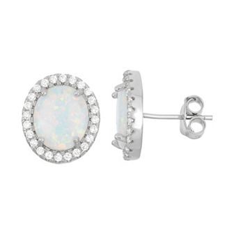 Lab-Created Opal & Cubic Zirconia Sterling Silver Oval Halo Stud Earrings