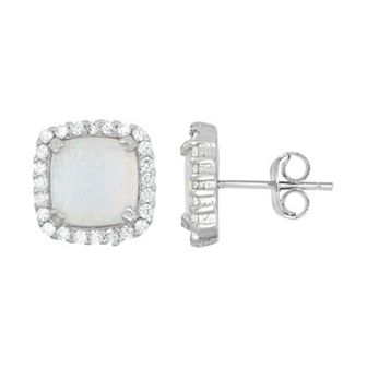 Lab-Created Opal & Cubic Zirconia Sterling Silver Square Halo Stud Earrings