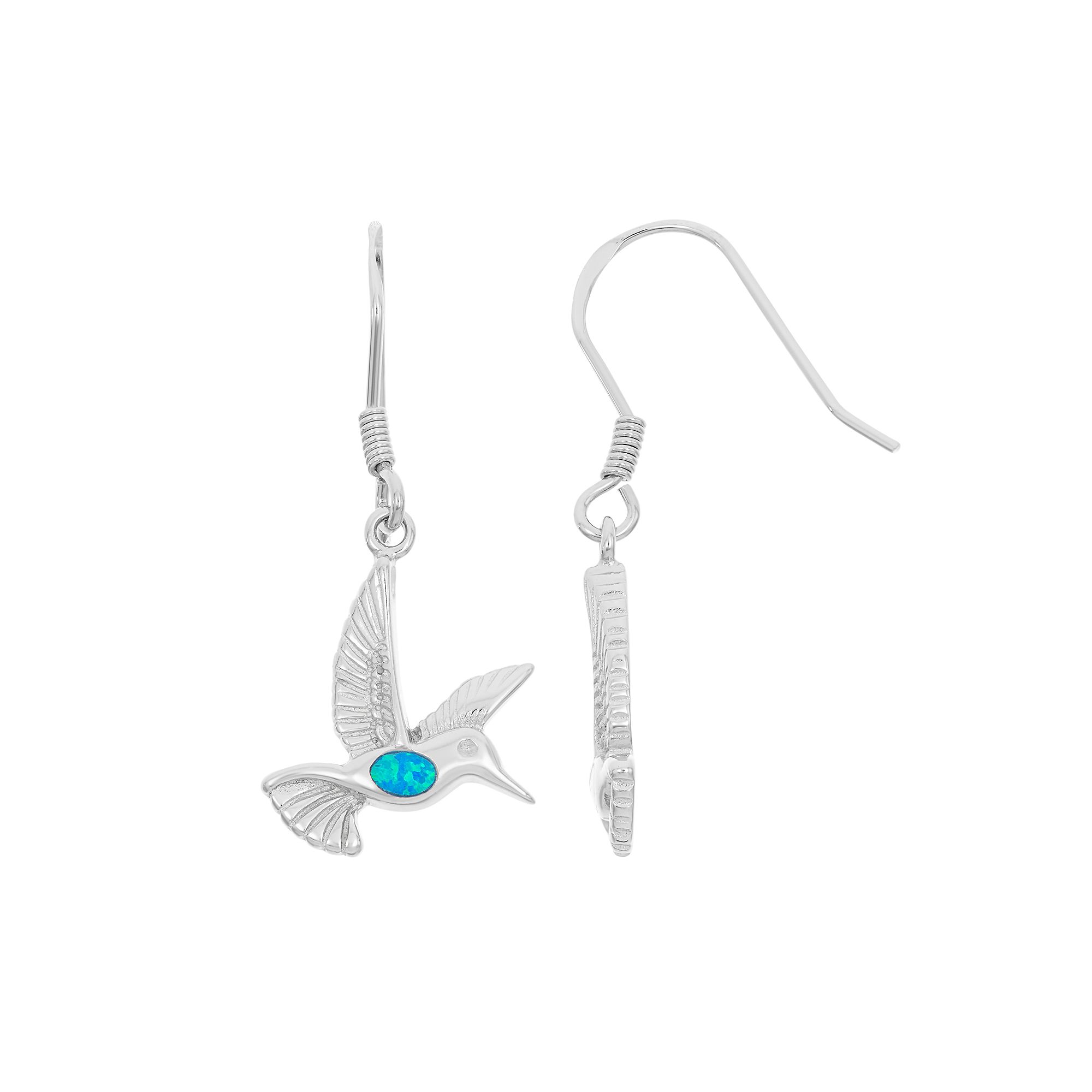 Lab-Created Blue Opal Sterling Silver Hummingbird Drop Earrings, Womens