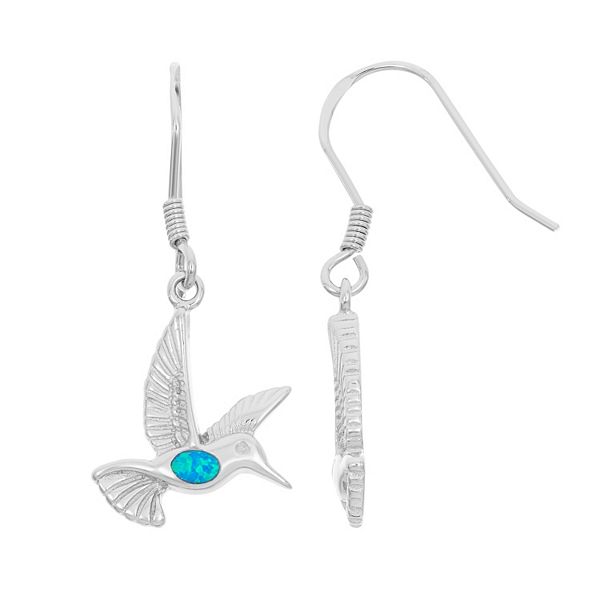 Lab-Created Blue Opal Sterling Silver Hummingbird Drop Earrings