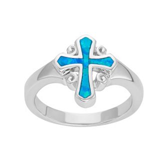 Lab-Created Blue Opal Sterling Silver Cross Ring