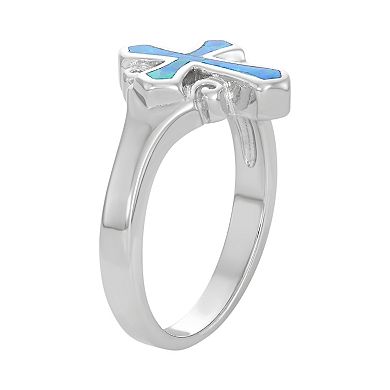 Lab-Created Blue Opal Sterling Silver Cross Ring