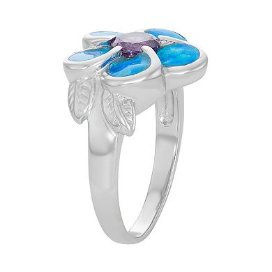 Lab-Created Blue Opal & Cubic Zirconia Sterling Silver Flower Ring