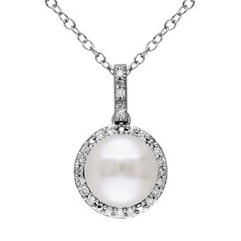 Stella Grace Freshwater Cultured Pearl & 1/10 Carat T.W. Diamond Sterling Silver Halo Pendant Necklace