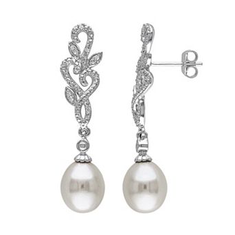 Stella Grace Freshwater Cultured Pearl & 1/10 Carat T.W. Diamond Sterling Silver Drop Earrings