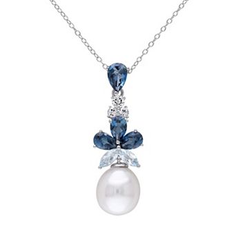 Stella Grace Sterling Silver Blue & White Topaz Freshwater Cultured Pearl Pendant