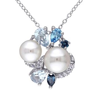 Stella Grace Sterling Silver Blue Topaz, Lab-Created White Sapphire & Freshwater Cultured Pearl Pendant