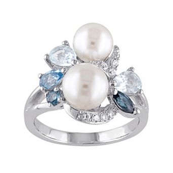 Stella Grace Sterling Silver Blue Topaz, Lab-Created White Sapphire & Freshwater Cultured Pearl Ring