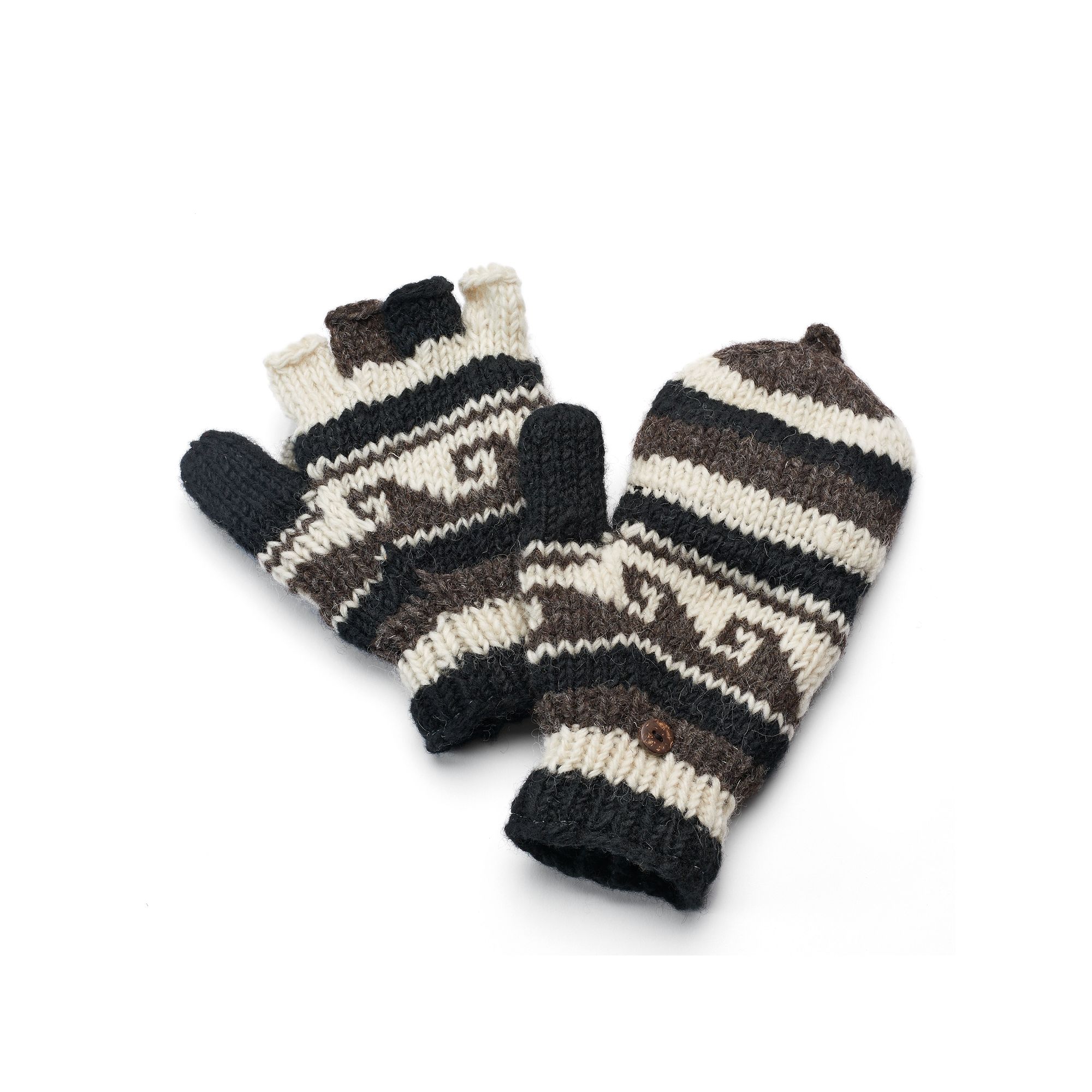 SIJJL Womens Striped Wool Convertible Mittens, Gray Black Ivory