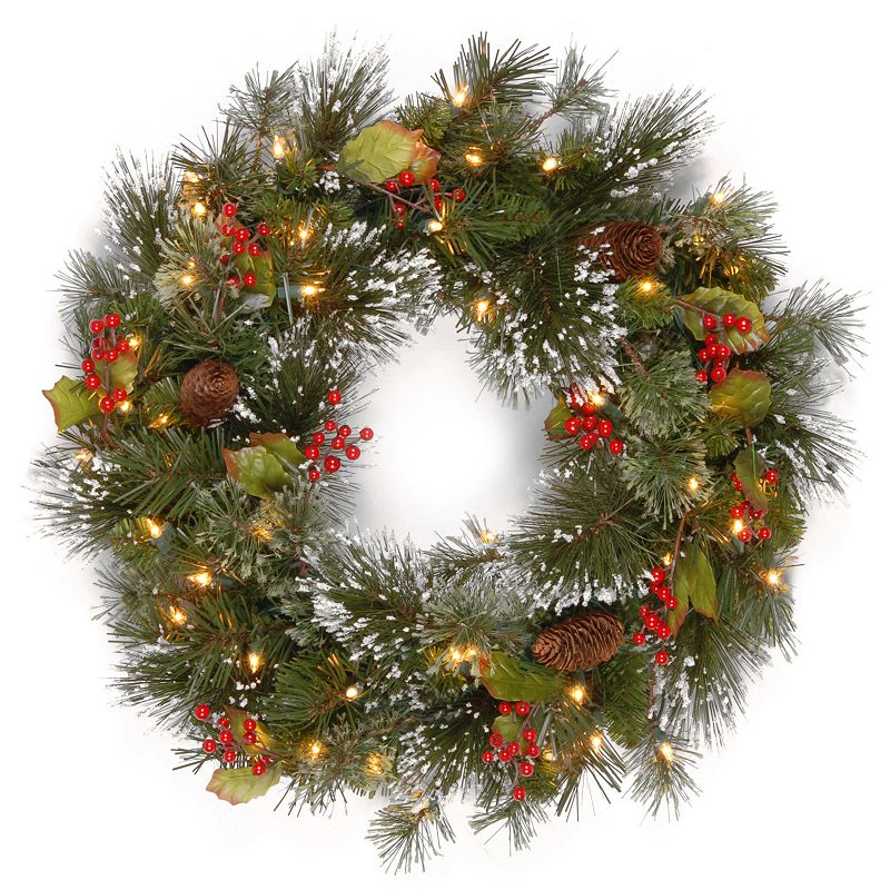 National Tree Company Pre-Lit Artificial Christmas Wreath  Green  Wintry Pine®  Clear Lights  Decorated with Pine Cones  Berry Clusters  Frosted Branches  24 Inches