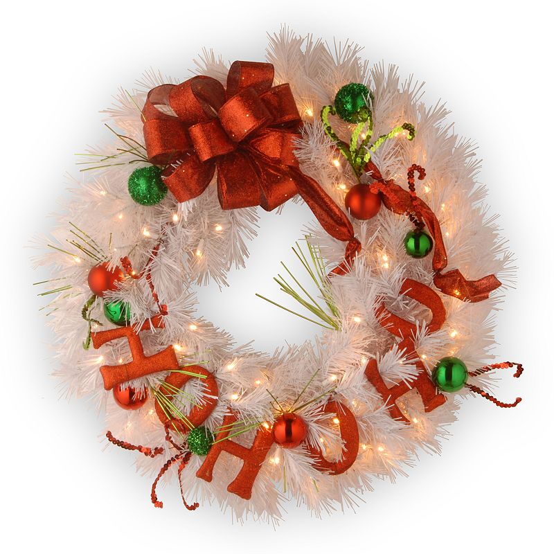 24-in. Decorative Pre-Lit LED Ho Ho Ho Ornament Wreath, Green