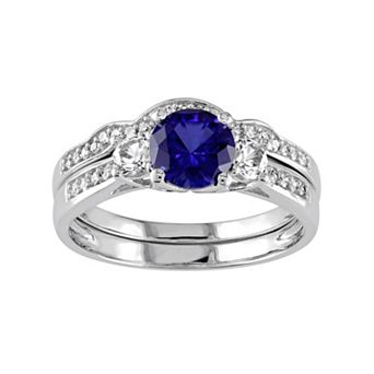 Stella Grace Lab-Created Blue & White Sapphire & 1/8 Carat T.W. Diamond 10k White Gold 3-Stone Engagement Ring Set
