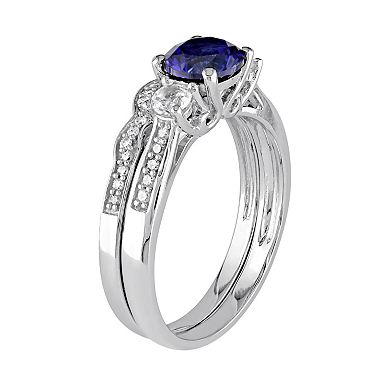 Stella Grace Lab-Created Blue & White Sapphire & 1/8 Carat T.W. Diamond 10k White Gold 3-Stone Engagement Ring Set