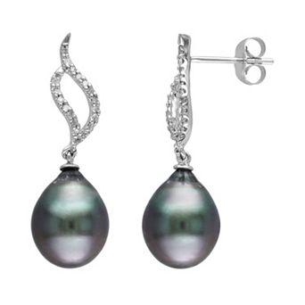 Stella Grace 10k White Gold Tahitian Cultured Pearl & 1/10 Carat T.W. Diamond Swirl Drop Earrings
