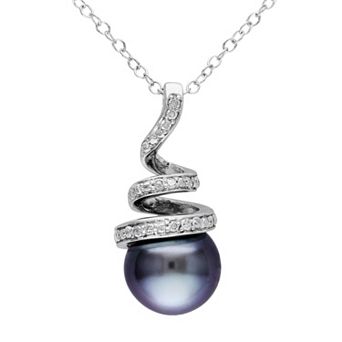 Stella Grace Sterling Silver Tahitian Cultured Pearl & 1/10 Carat T.W. Diamond Swirl Pendant Necklace