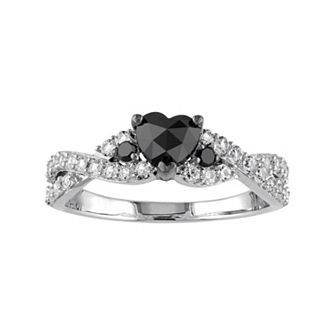 Stella Grace Sterling Silver 5/8 Carat T.W. Black Diamond & Lab-Created White Sapphire Heart Engagement Ring