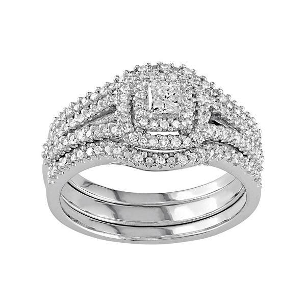Stella Grace Sterling Silver 1/2 Carat T.W. Diamond Square Halo Engagement  Ring Set